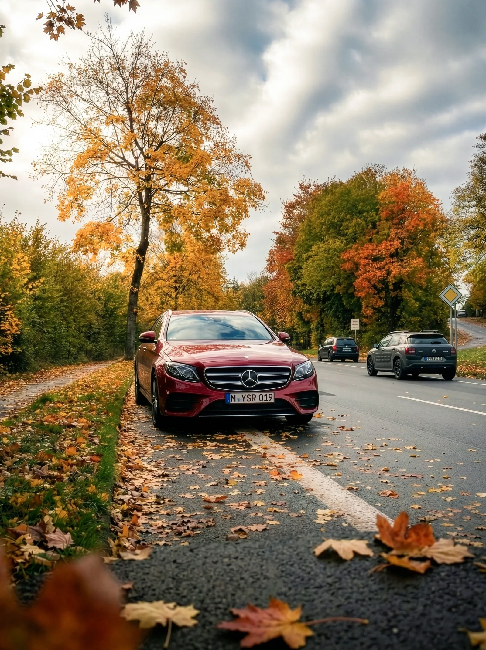 Red Mercedes on an autumn road