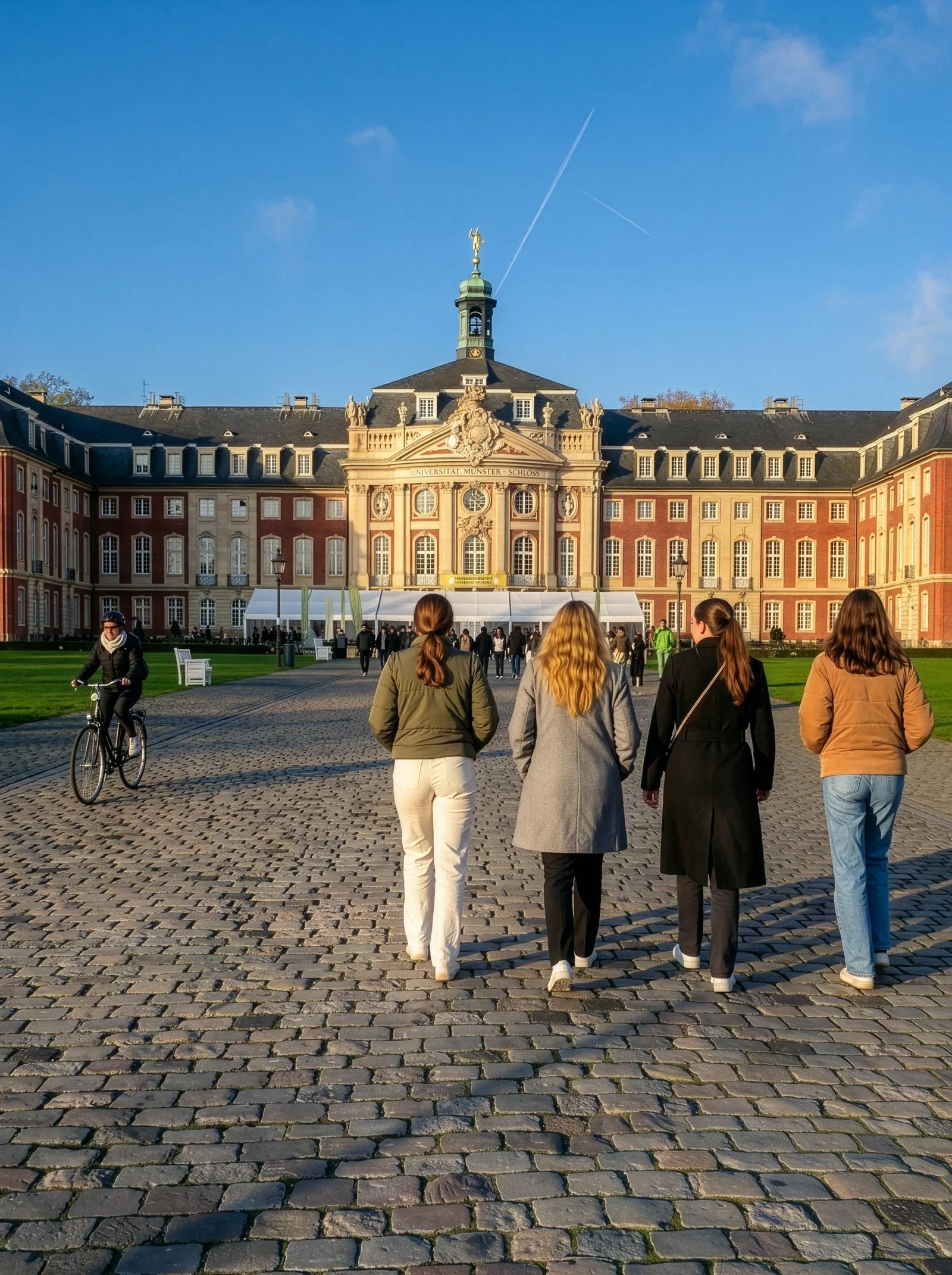 Walking toward Münster Palace on cobblestones