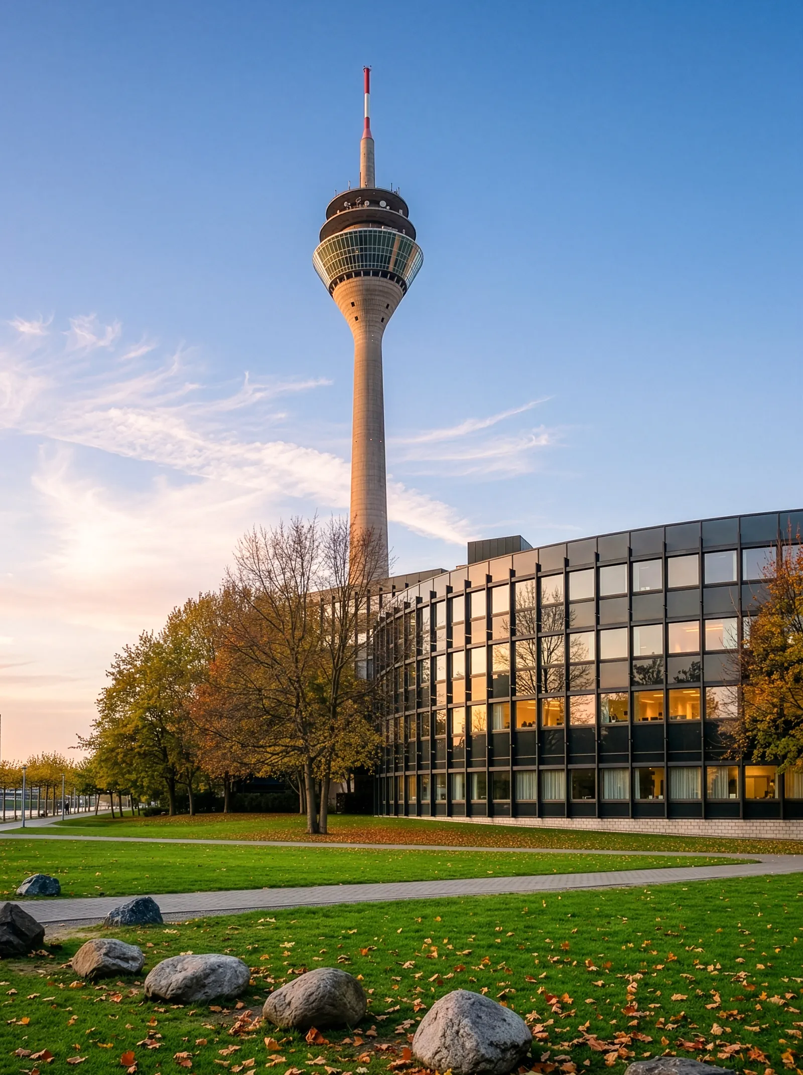Rheinturm tower and modern architecture in Düsseldorf