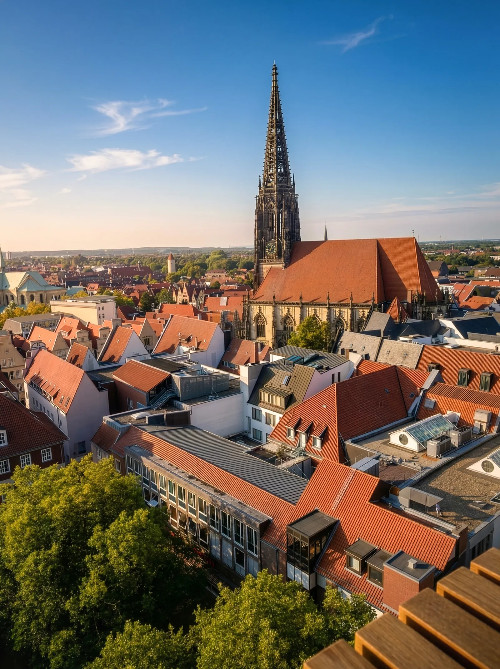 Aerial view of a Gothic church spire over red rooftops